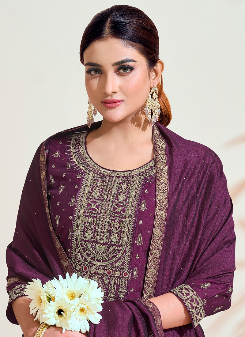 Women Wine Vichitra Silk  Embroidery Work Kurta Set With Dupatta